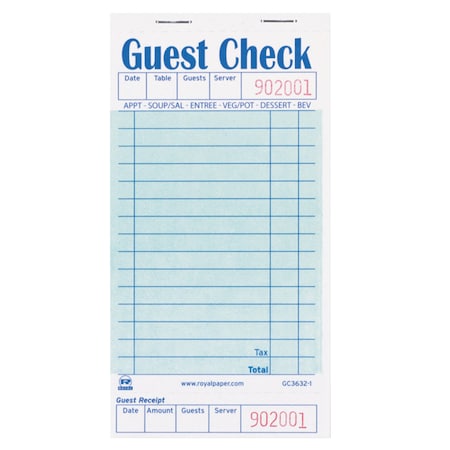 Amercareroyal Guest Check Book, 3 1/2 x 6 7/10, PK2500 RPP GC3632-1